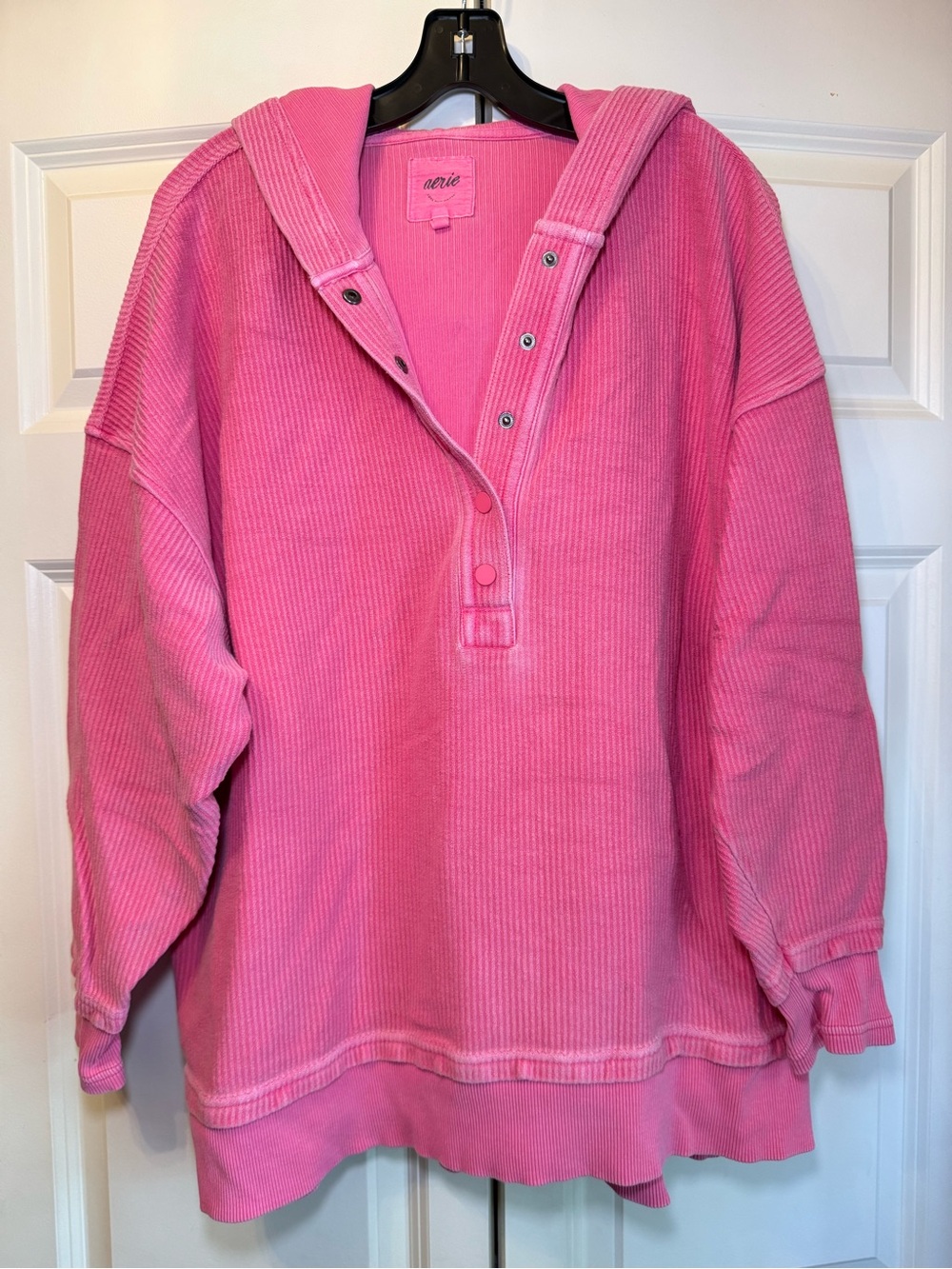 aerie Pink Oversized Ribbed Textured Henley Hoodie with Snap Closures